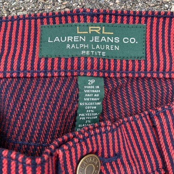 Ralph Lauren LRL, Red & Navy Pinstripe Pants Modern Straight Leg Denim 2P Petite - Picture 2 of 12